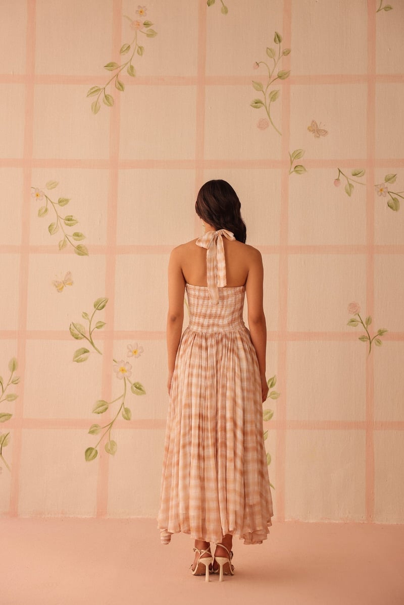 Peach and White Checked Halter Maxi Dress