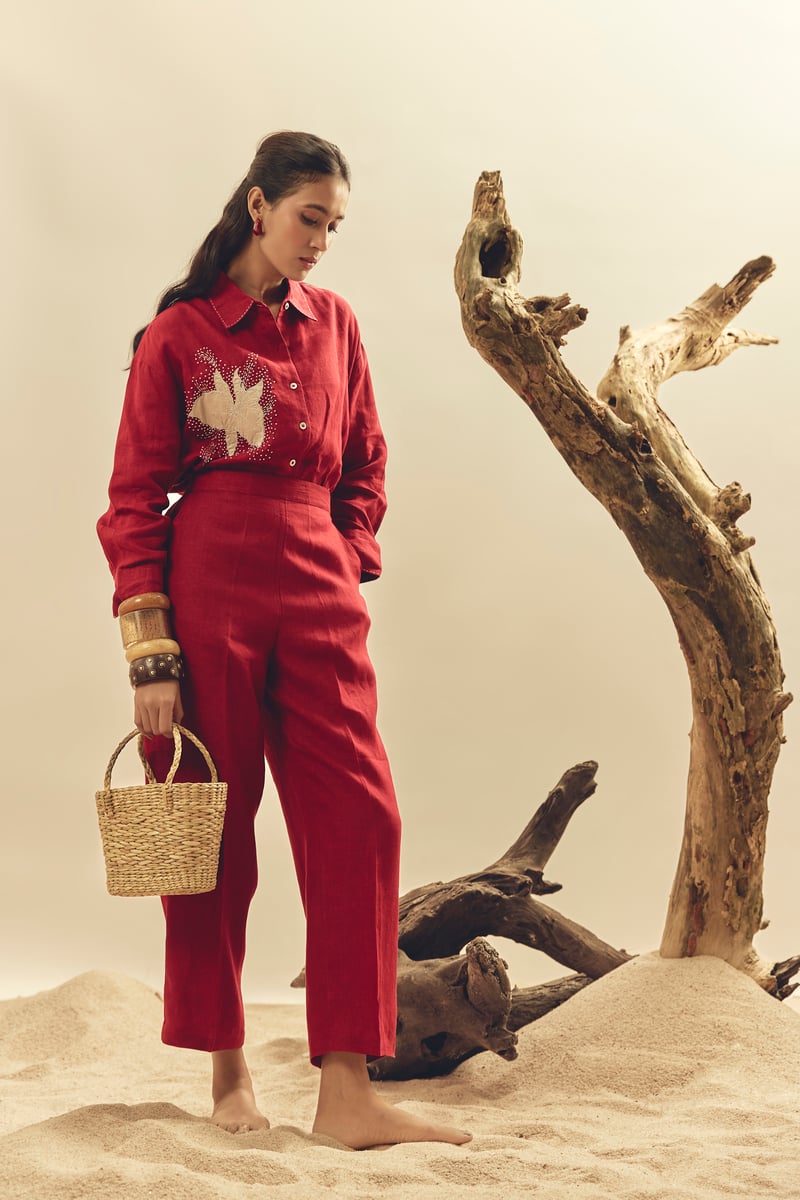 Crimson Linen Shirt and Trousers Co-ord Set