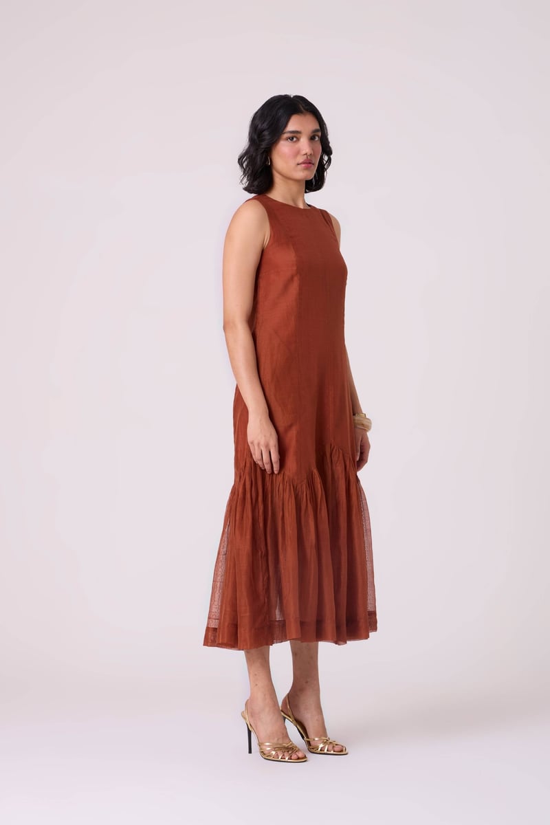 Copper Sleeveless A-Line Tiered Midi Dress