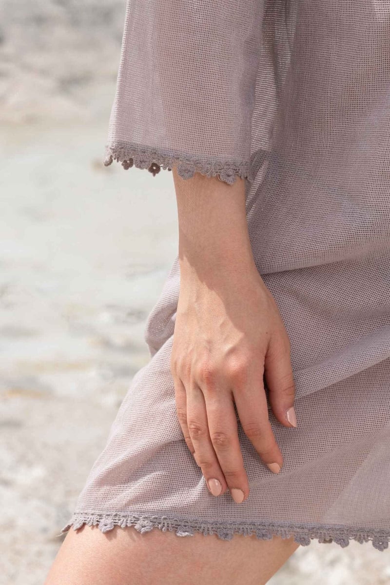 Silver Cotton Net Kurta Cover-Up with Lace and Sequin Neck