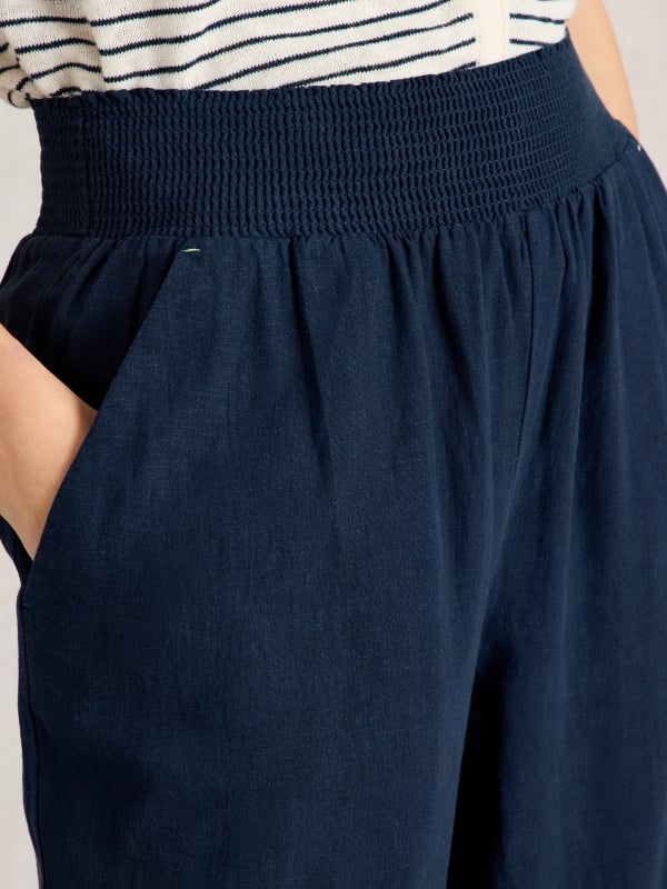 Dark Navy Pull-On Culotte Trousers with Smocked Waist