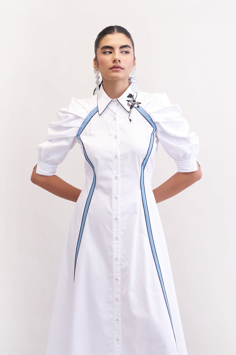 White Midi Shirt Dress with Blue Side Panels
