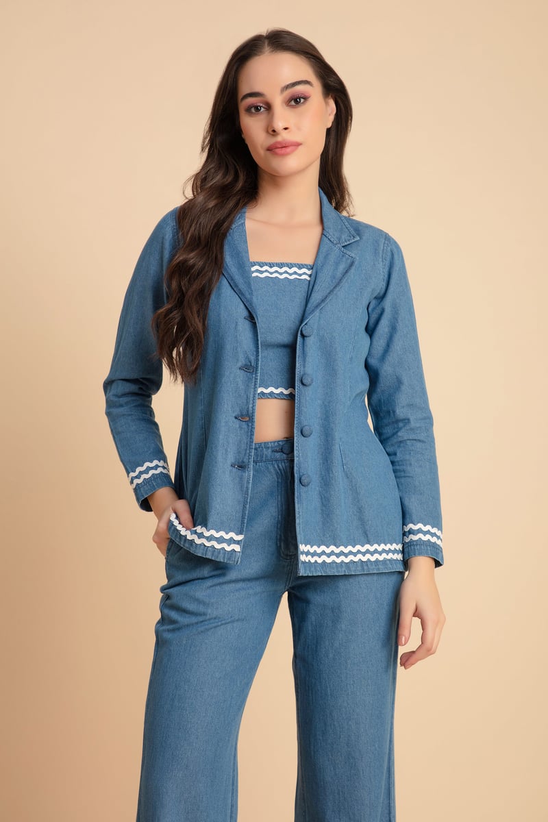Blue Denim 3-Piece Co-ord Set with Bustier and Jacket