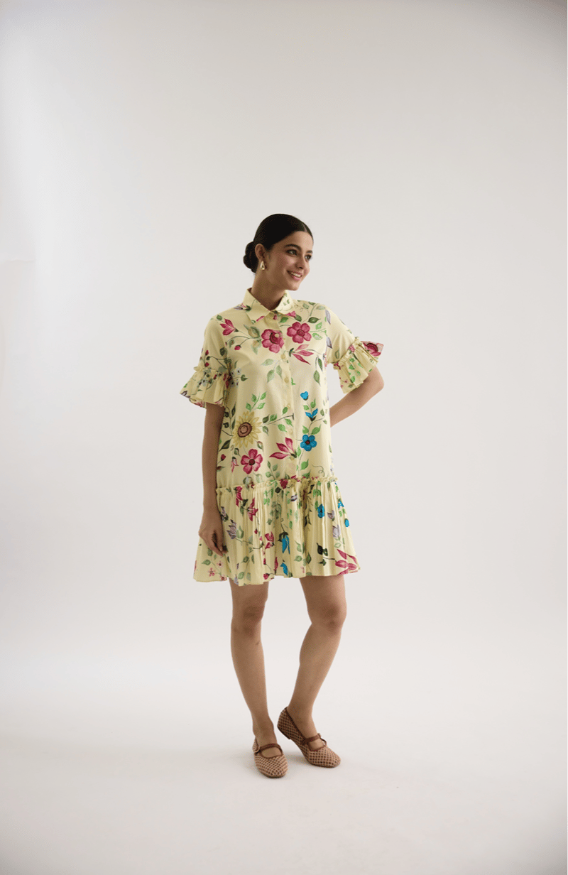 Yellow Floral Printed Tiered Mini Shirt Dress