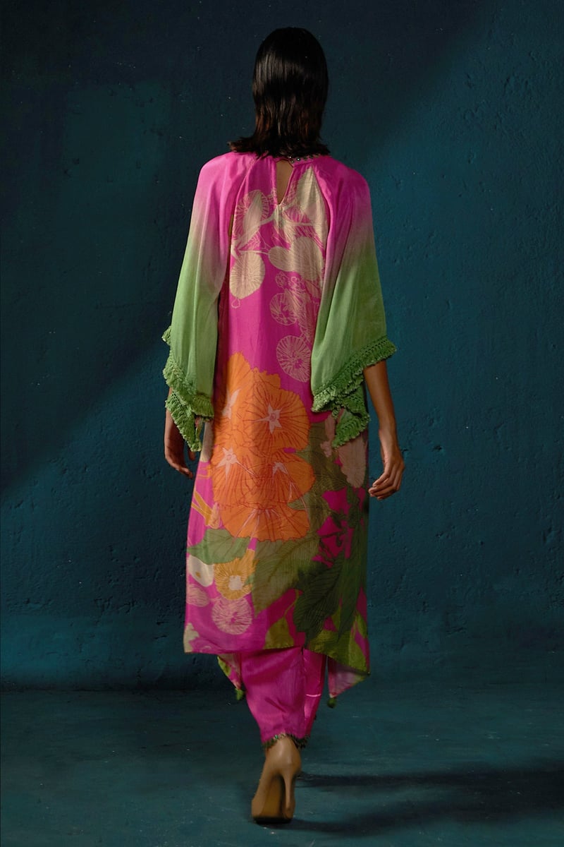 Pink Floral Printed Asymmetrical Kurta Set with Cape Sleeves