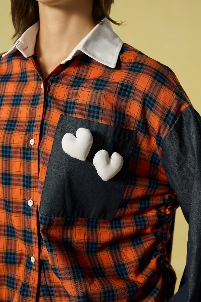 Red and Navy Checked Oversized Shirt with Side Drawstrings