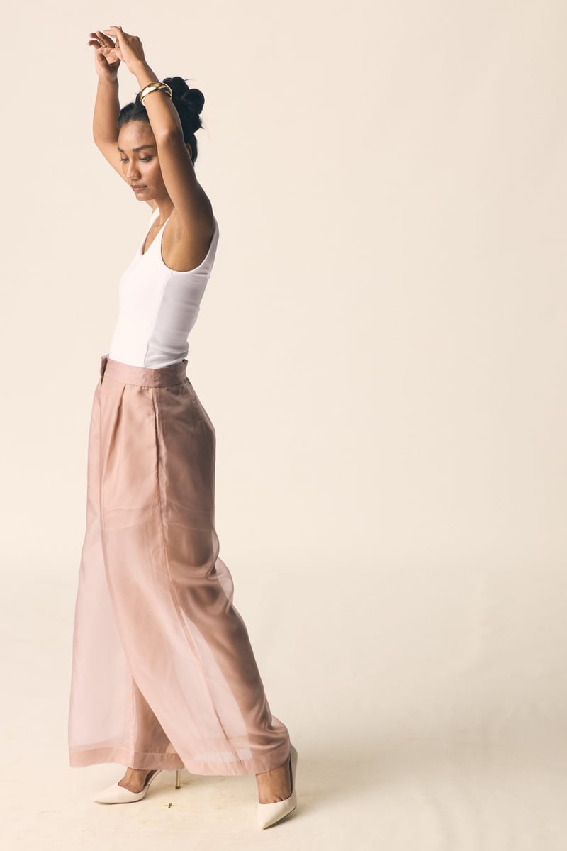 Pink Organza Sheer Layered Wide-Leg Trousers
