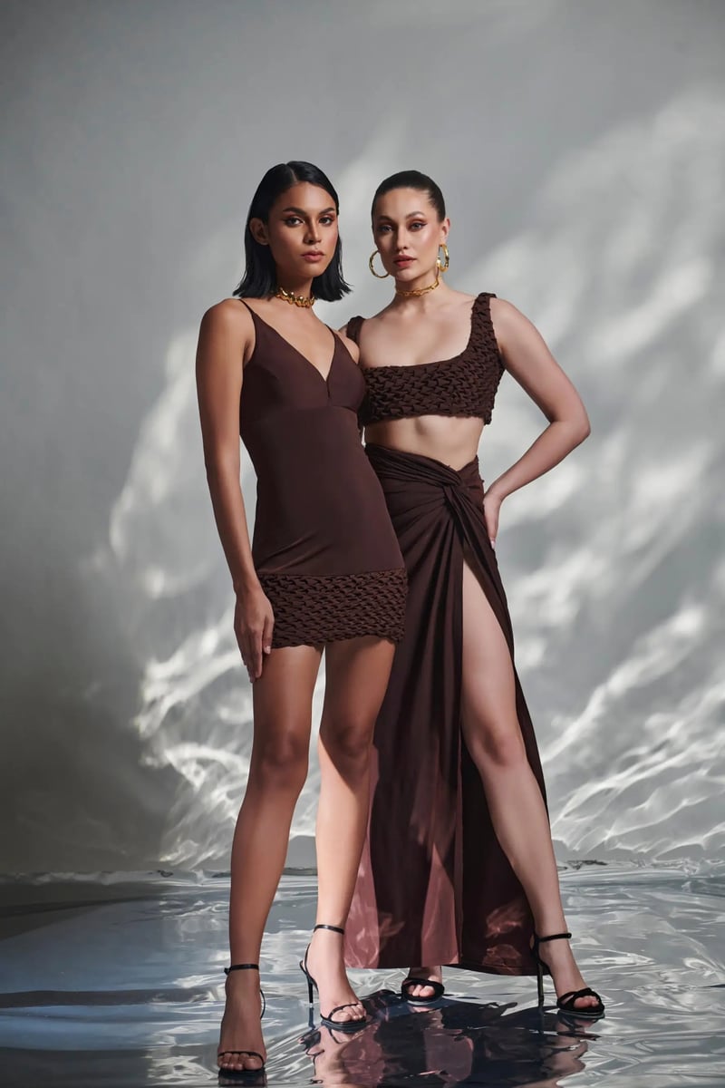 Brown Draped Knot-Detail Maxi Skirt with Slit
