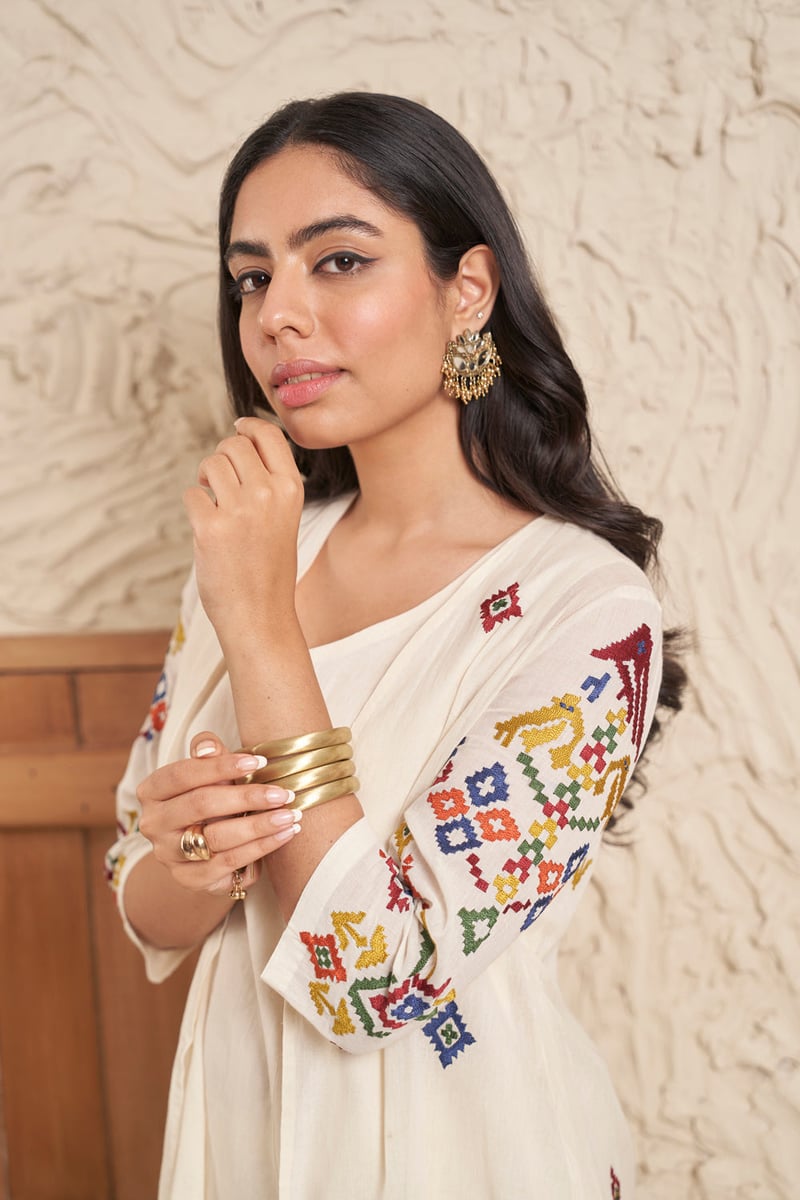 Ivory A-Line Embroidered Kurta Set with Straight Pants