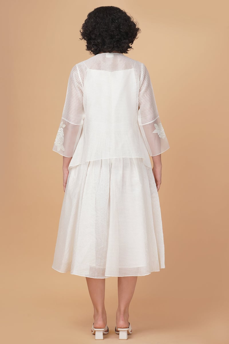 Ivory Stripe Organza Midi Dress and Draped Jacket Set
