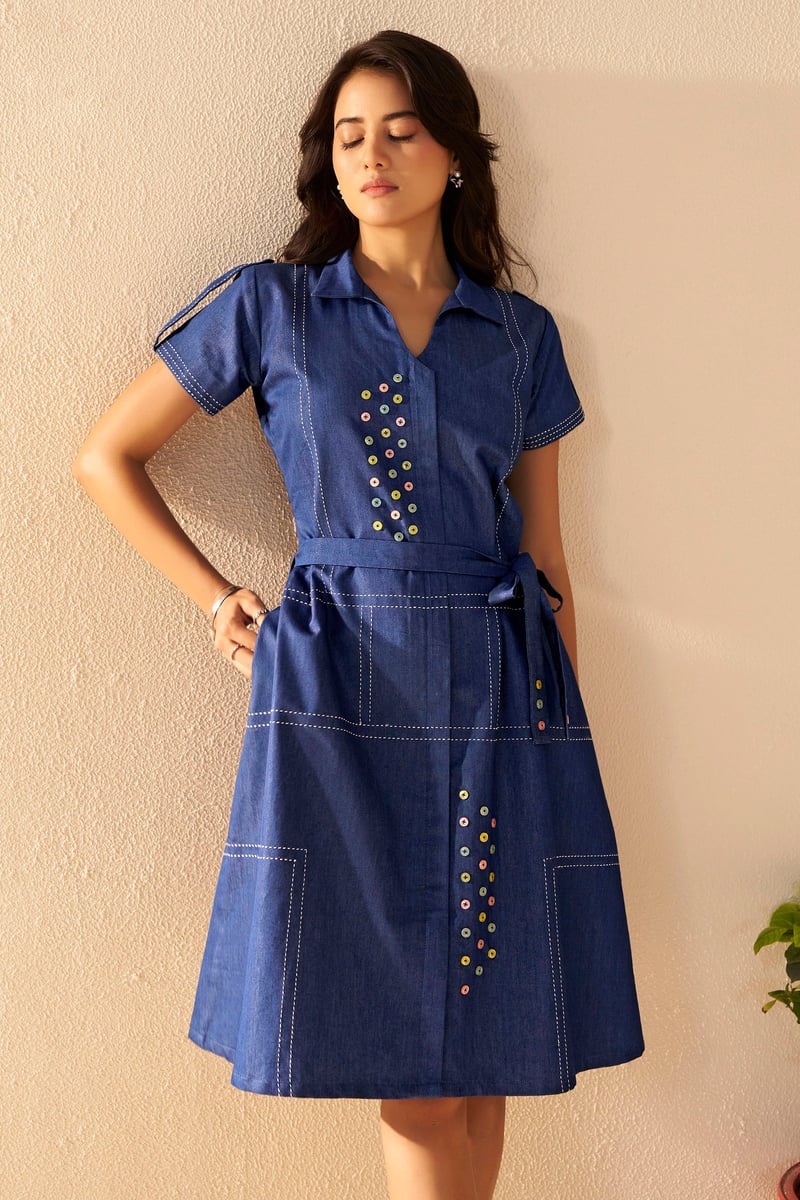 Blue Cotton Shirt Dress with Belt and Button Detail