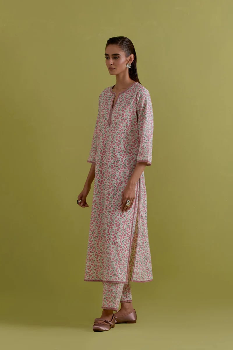 Off White Cotton Straight Long Kurta Set