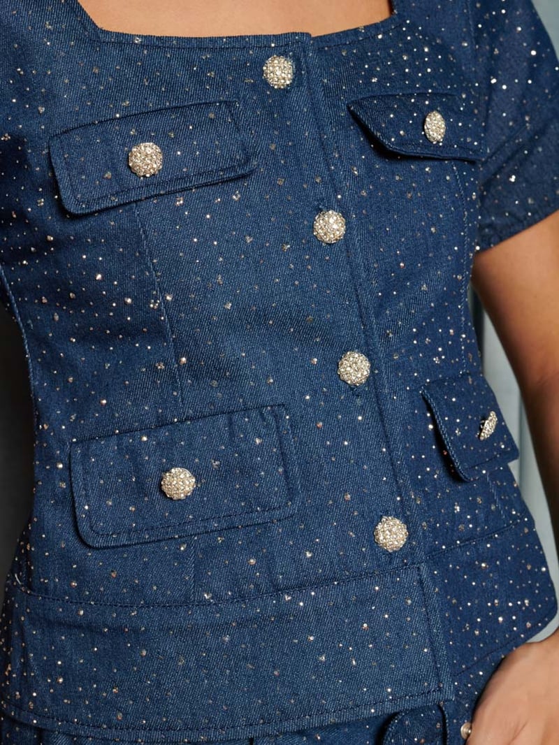 Blue Square-Neck Sparkle Button-Front Top