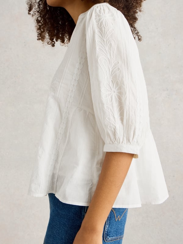 Natural White Embroidered Button-Front V-Neck Top