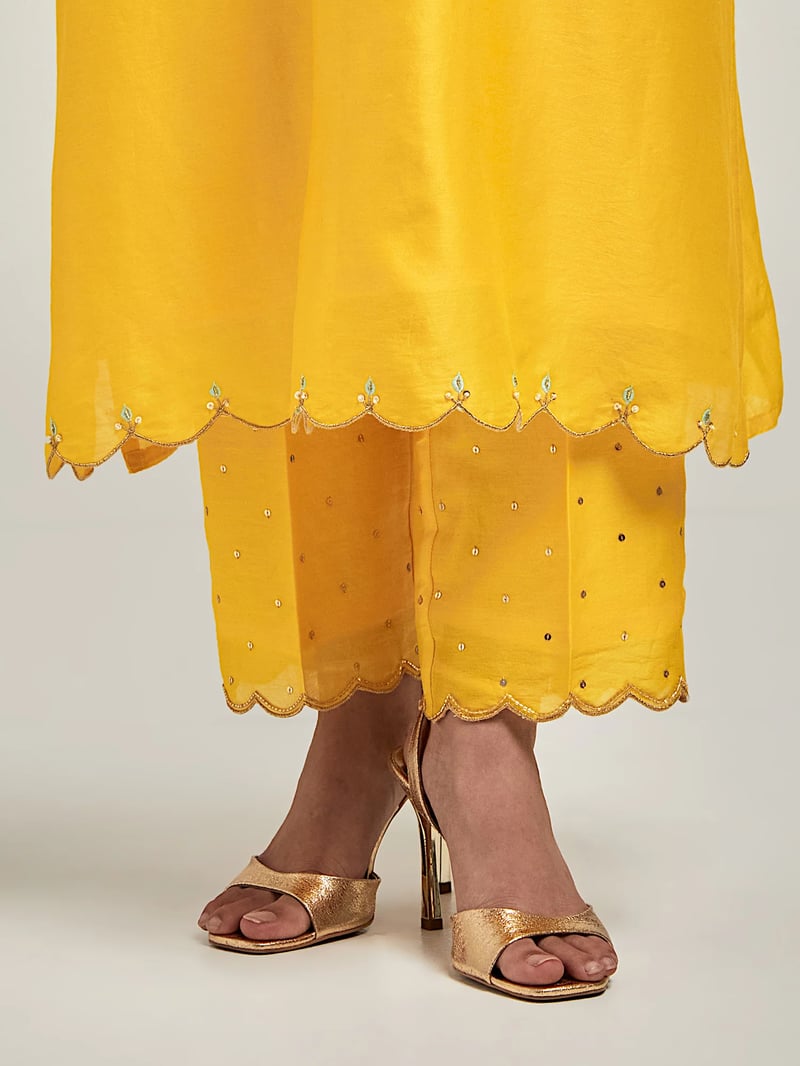 Yellow Silk Chanderi Embroidered Straight Kurta Set