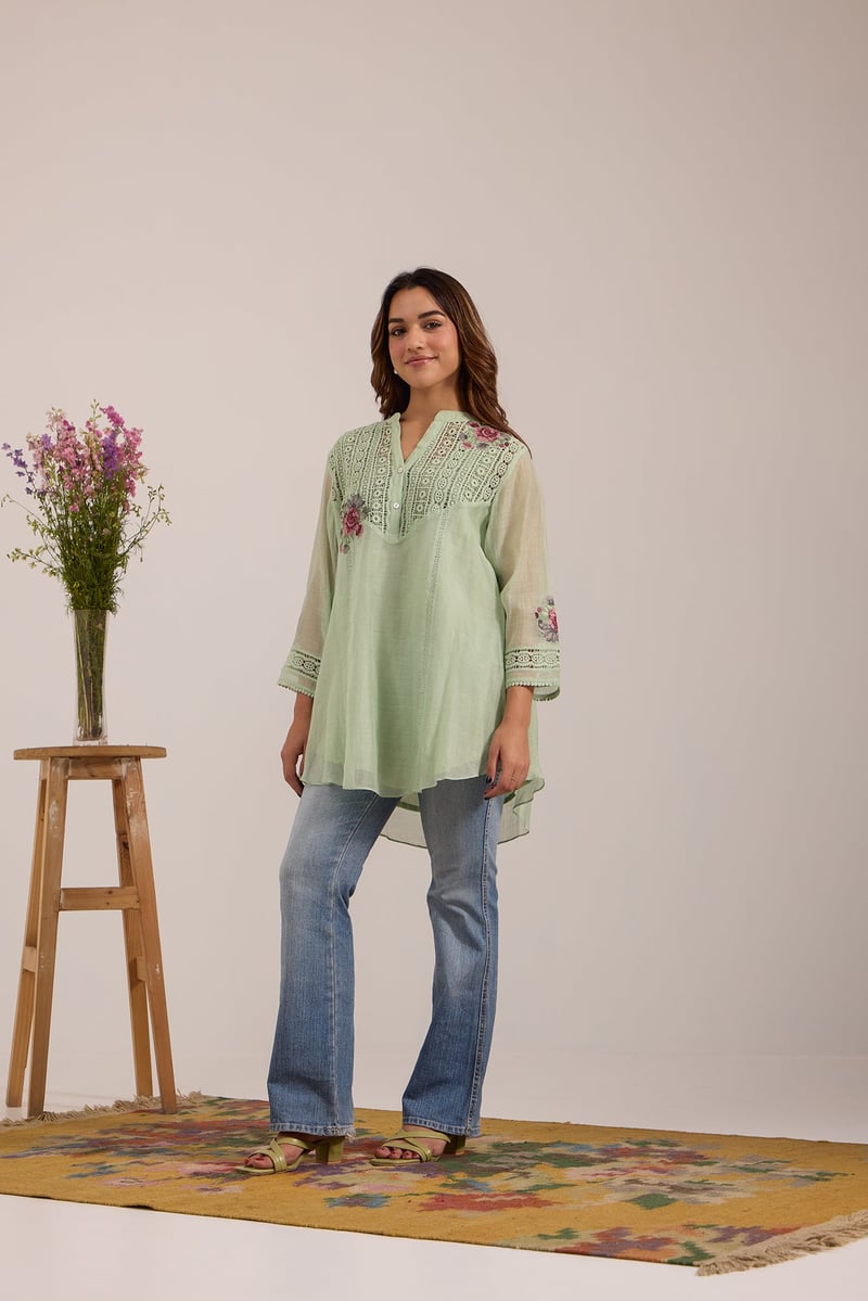 Sea Green Mul Chanderi Lace Yoke Tunic Pant Co-ord Set