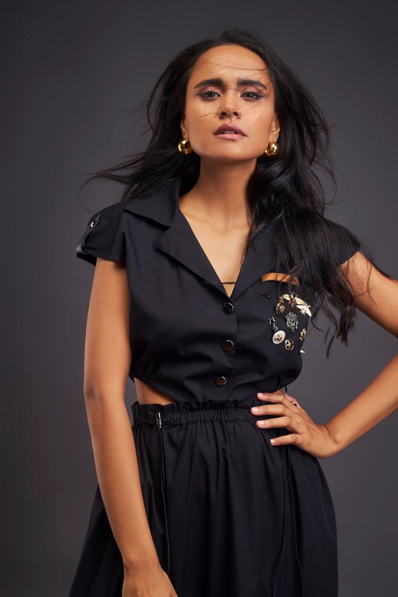 Black Lapel Collar Midi Dress with Side Cutouts