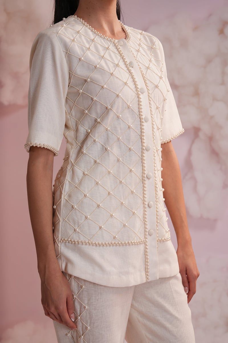 Cream Pearl Lattice Shirt and Pants Co-ord Set