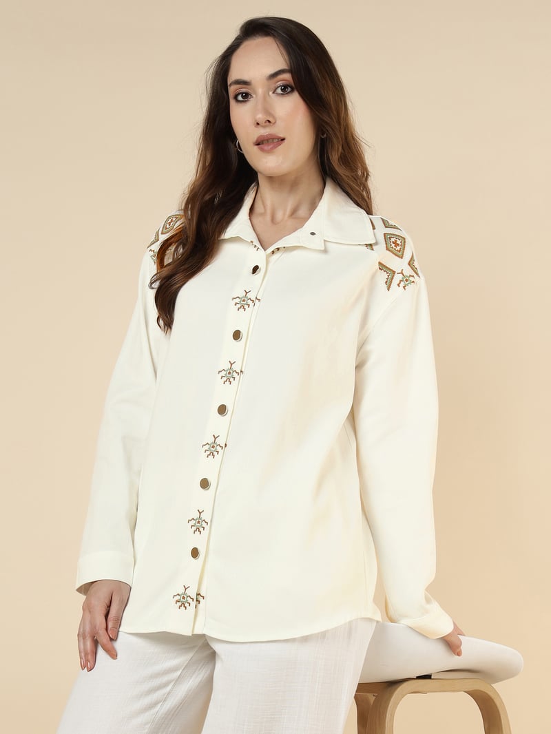 Ecru Cotton Twill Embroidered Button-Down Shirt — ROBIN