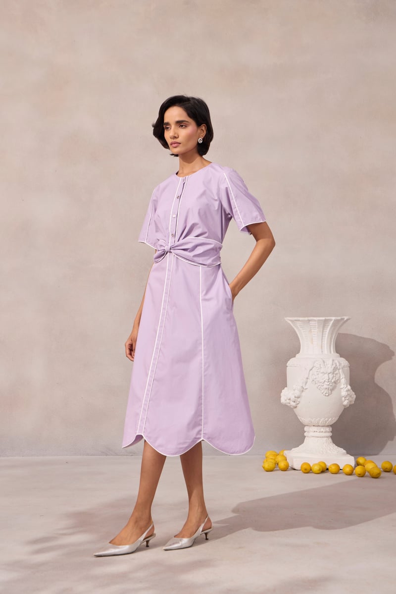 Sweet Lavender Fit and Flare Midi Dress with Piping