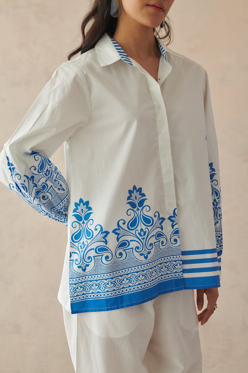 White Cotton Poplin Shirt with Blue Placement Border Print