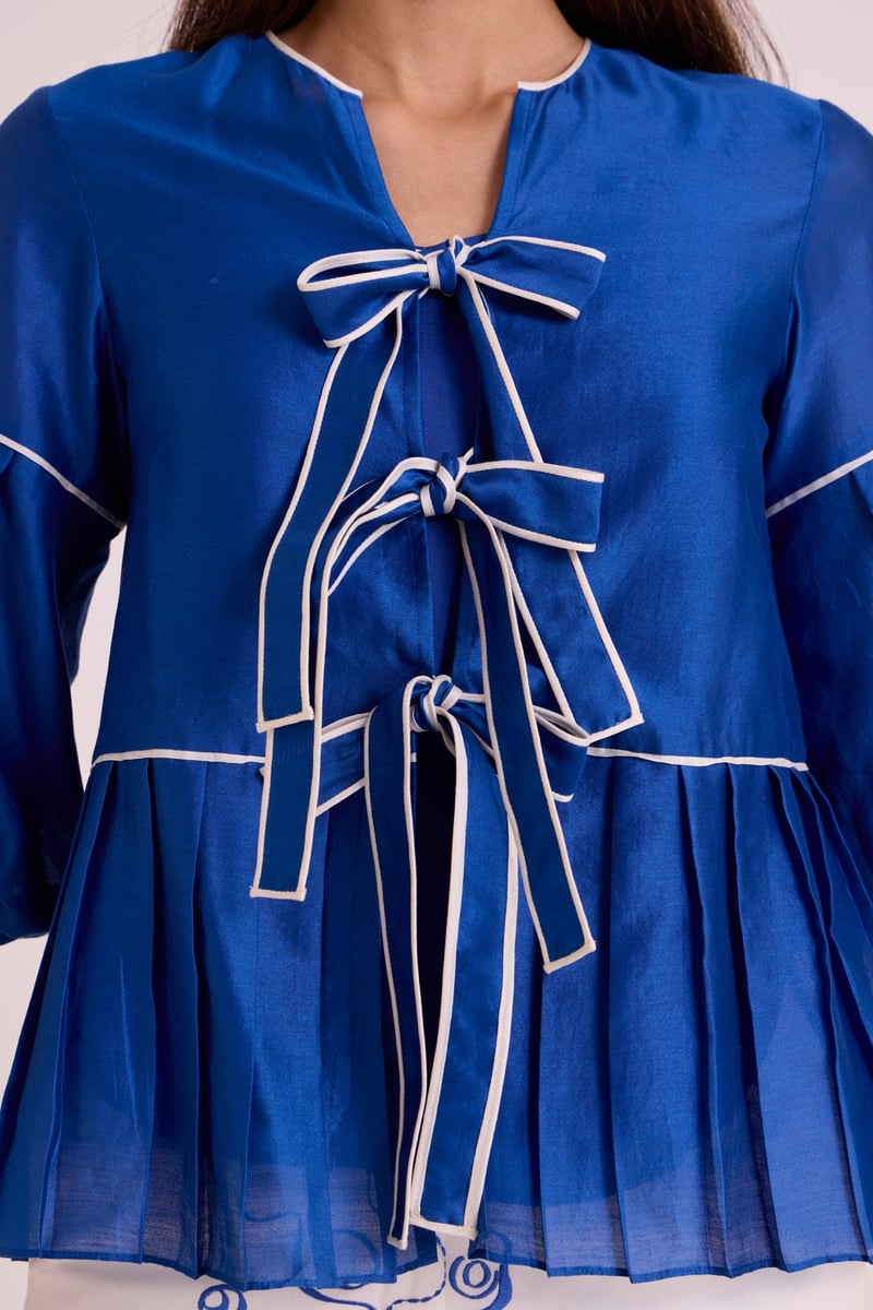Electric Blue Tie-Up Top & Printed Wide-Leg Co-ord Set