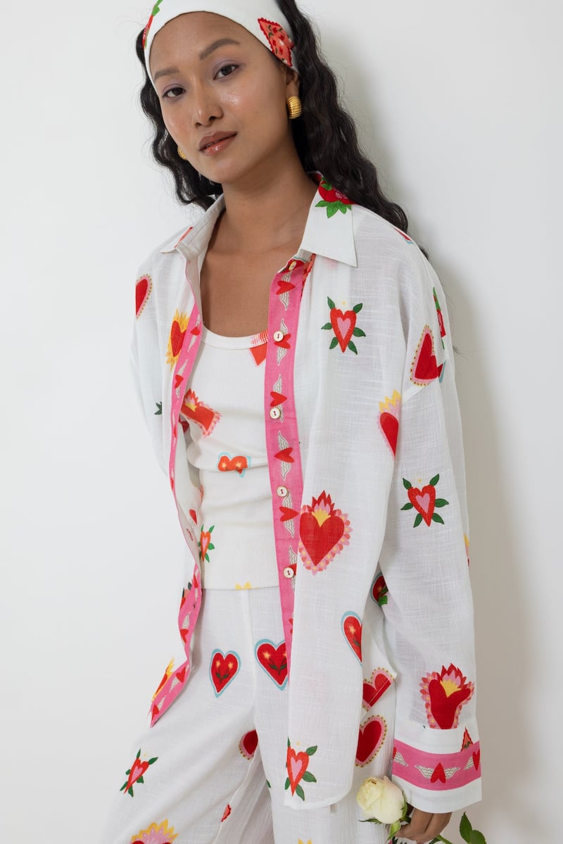 White Heart Print Straight-Leg Trousers with Contrast Hem
