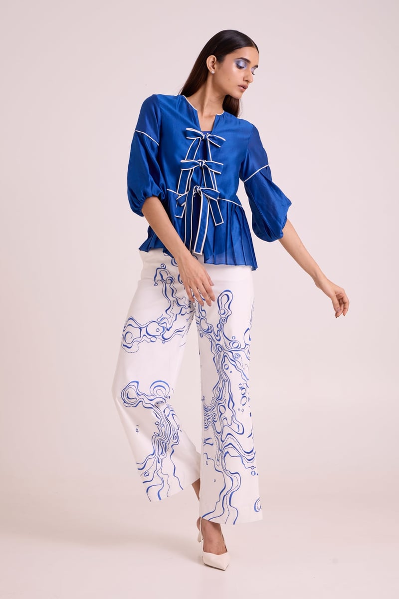 Electric Blue Tie-Up Top & Printed Wide-Leg Co-ord Set