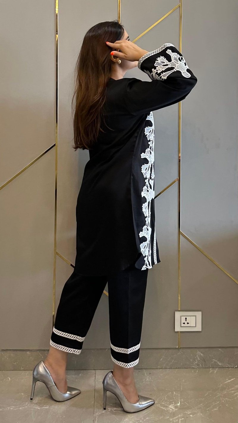 Black Cotton Lace Applique Shirt and Pant Co-ord Set