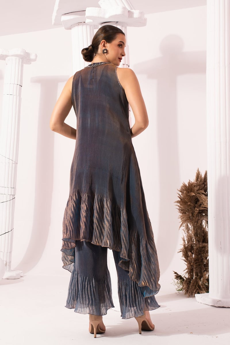 Steel Blue Metallic High Neck Kurta Sharara Set