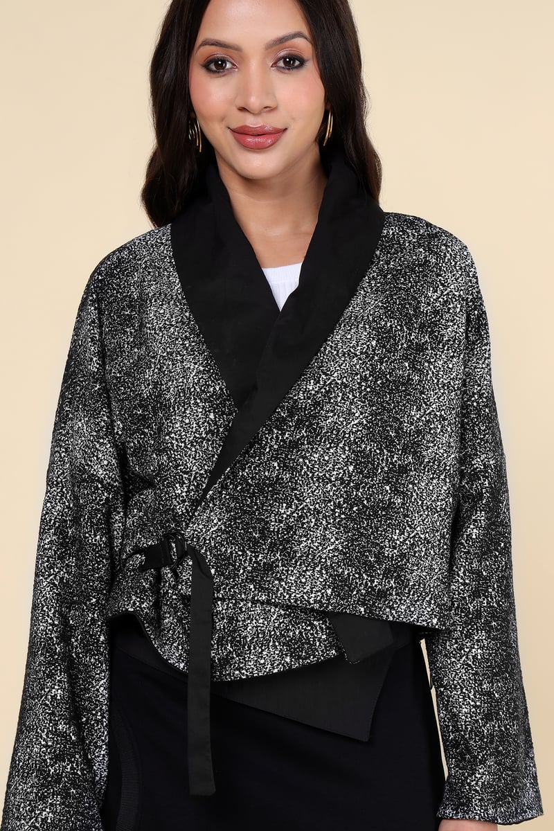 Black/Grey Cropped Wrap Jacket with Lapel Collar