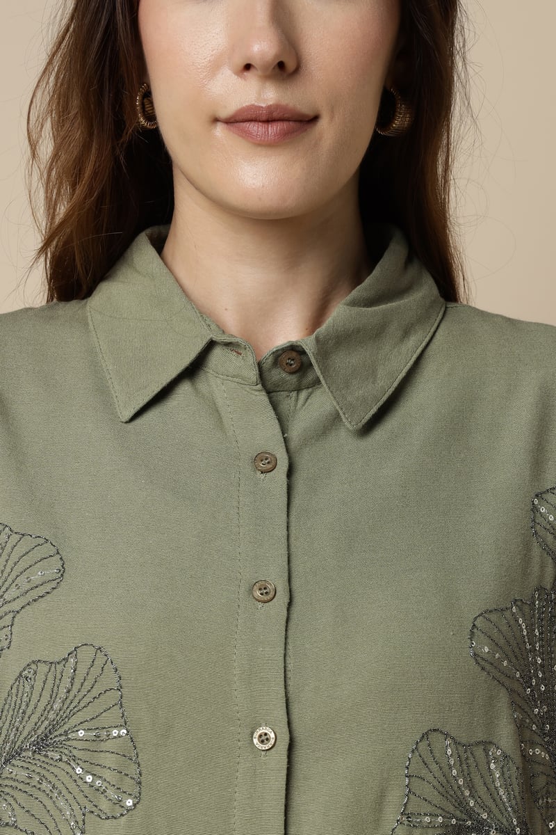 Green Longline Shirt with Sequin Foliage Motif