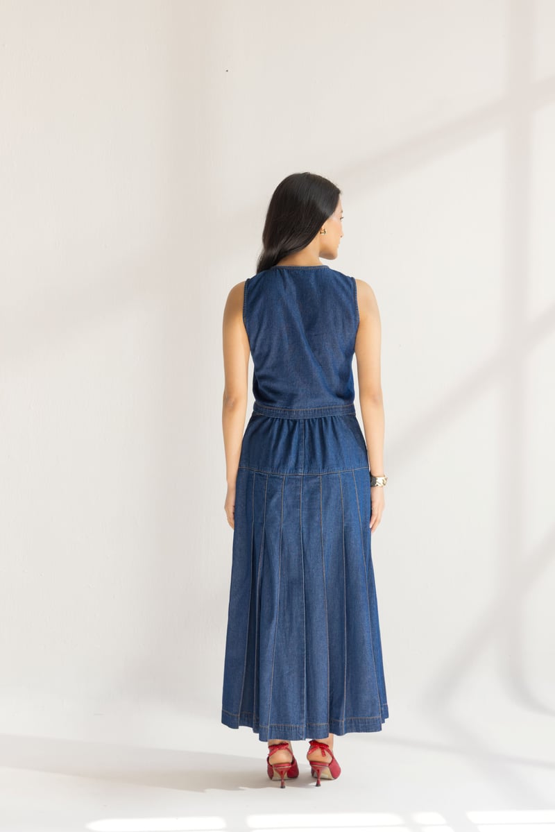 Blue Denim Vest and Pleated Midi Skirt Co-ord Set