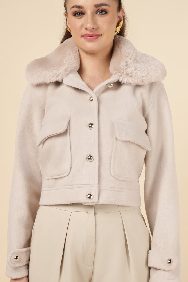Beige Cropped Button-Front Jacket with Faux-Fur Collar