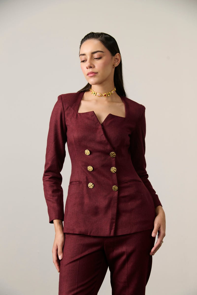 Maroon Tweed Double-Breasted Blazer Co-ord Set