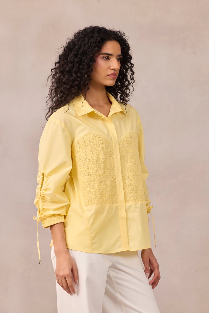 Lemon Sorbet Smocked Poplin Shirt with Ruched Sleeves