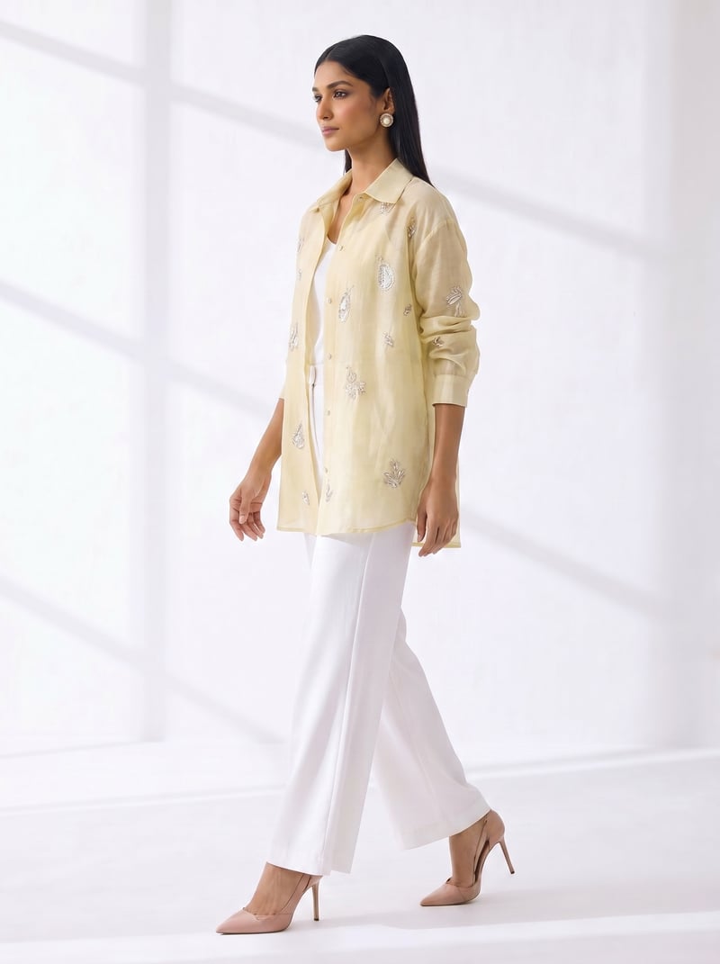Lemon Longline Linen Shirt with Metallic Motif Detail