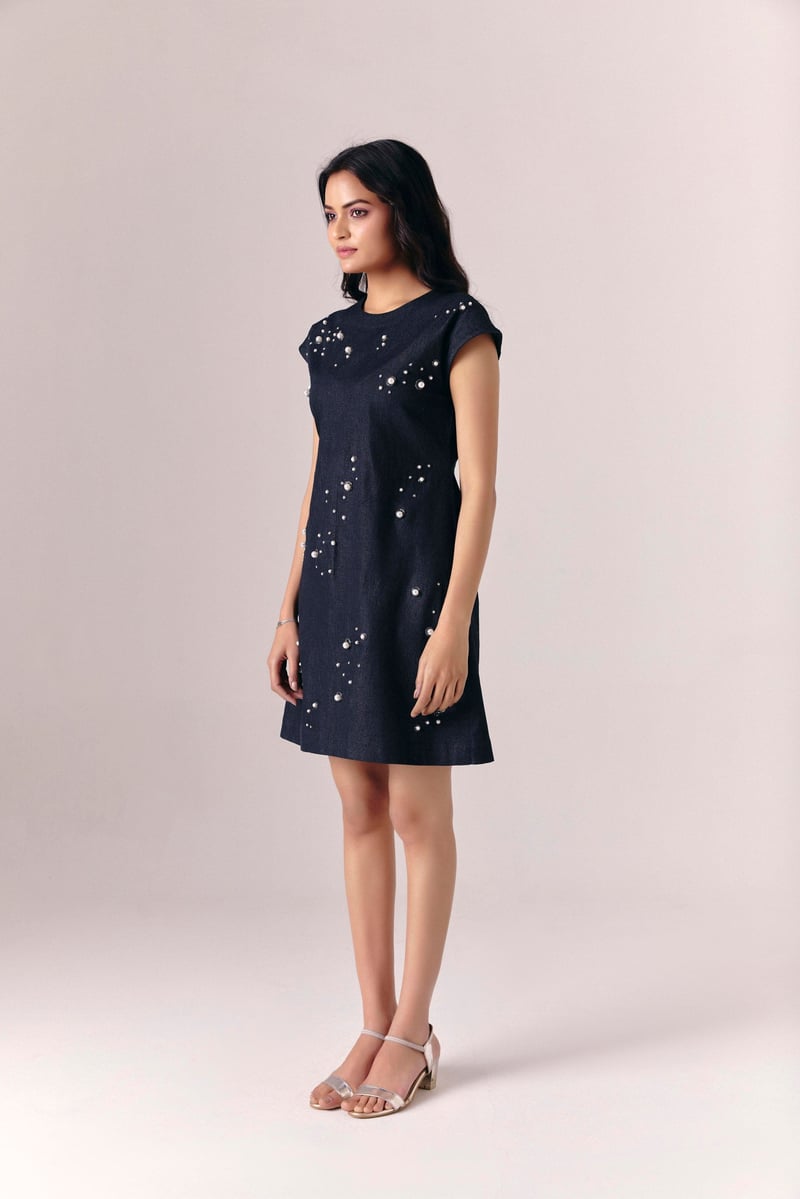 Black Denim Knee-Length A-Line Dress with Pearl Detail