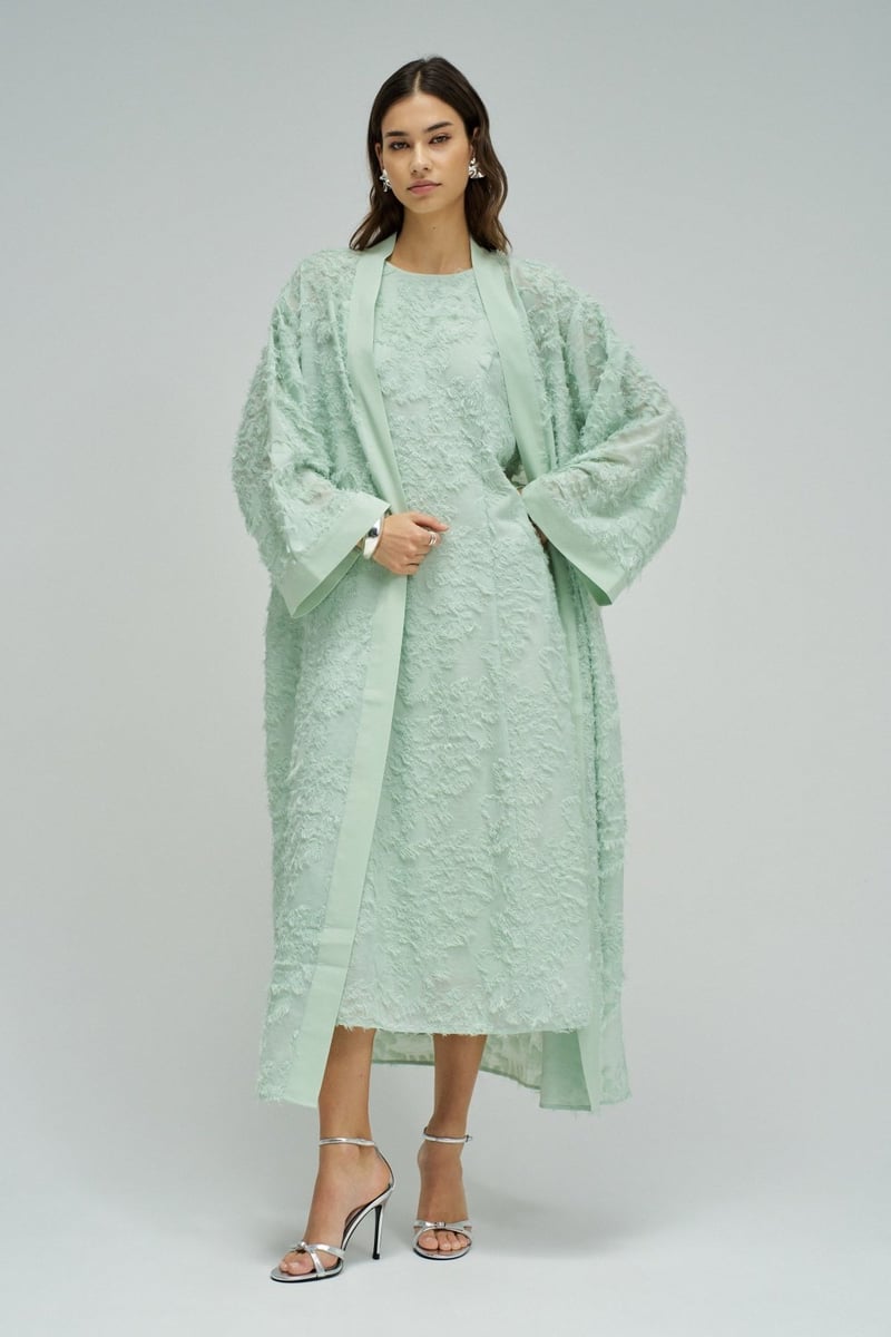 Light Green Textured High Neck A-Line Midi Dress