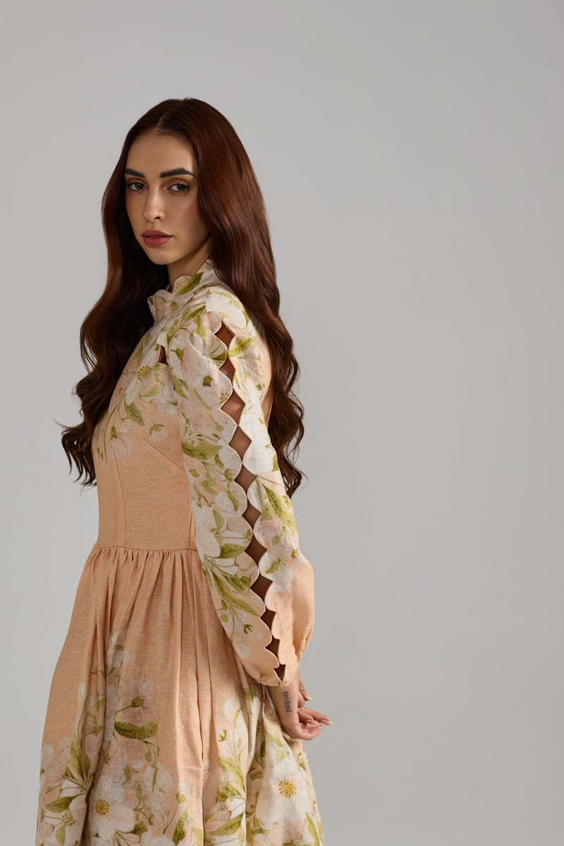 Peach Floral High Neck Fit and Flare Mini Dress
