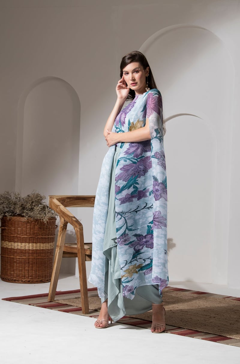 Blue Floral Kaftan and Dhoti Co-ord Set