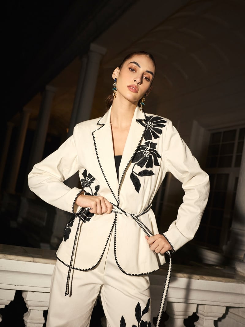 White Belted Embroidered Tailored Blazer