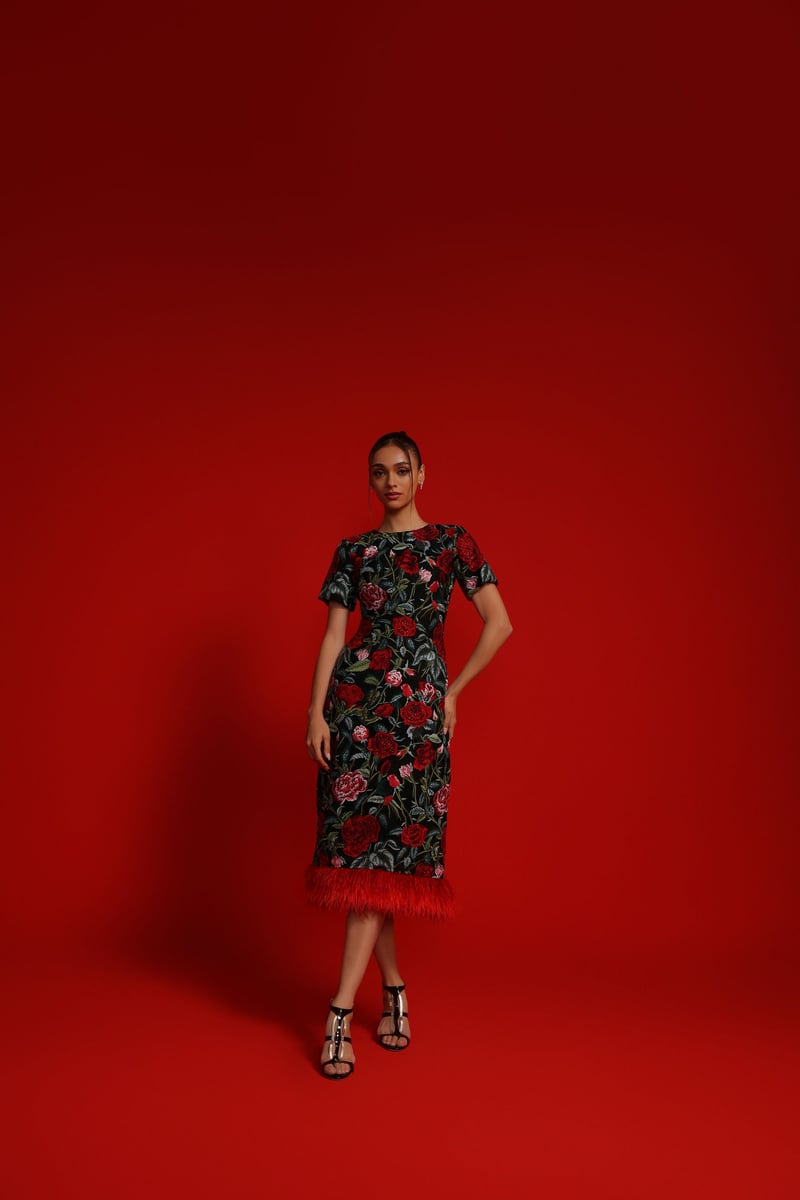 Black/Red Rose Embroidered Mesh Sheath Midi Dress