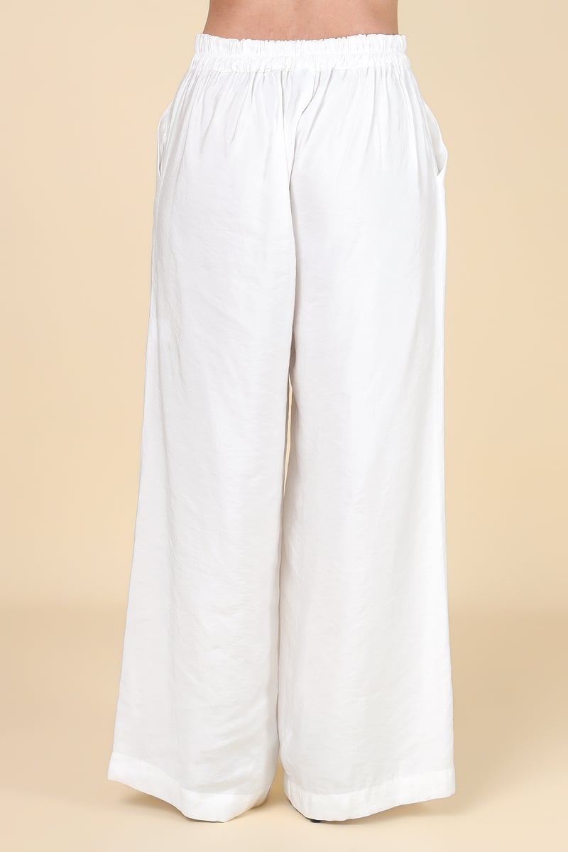 White Wide-Leg Pull-On Trousers with Side Pockets