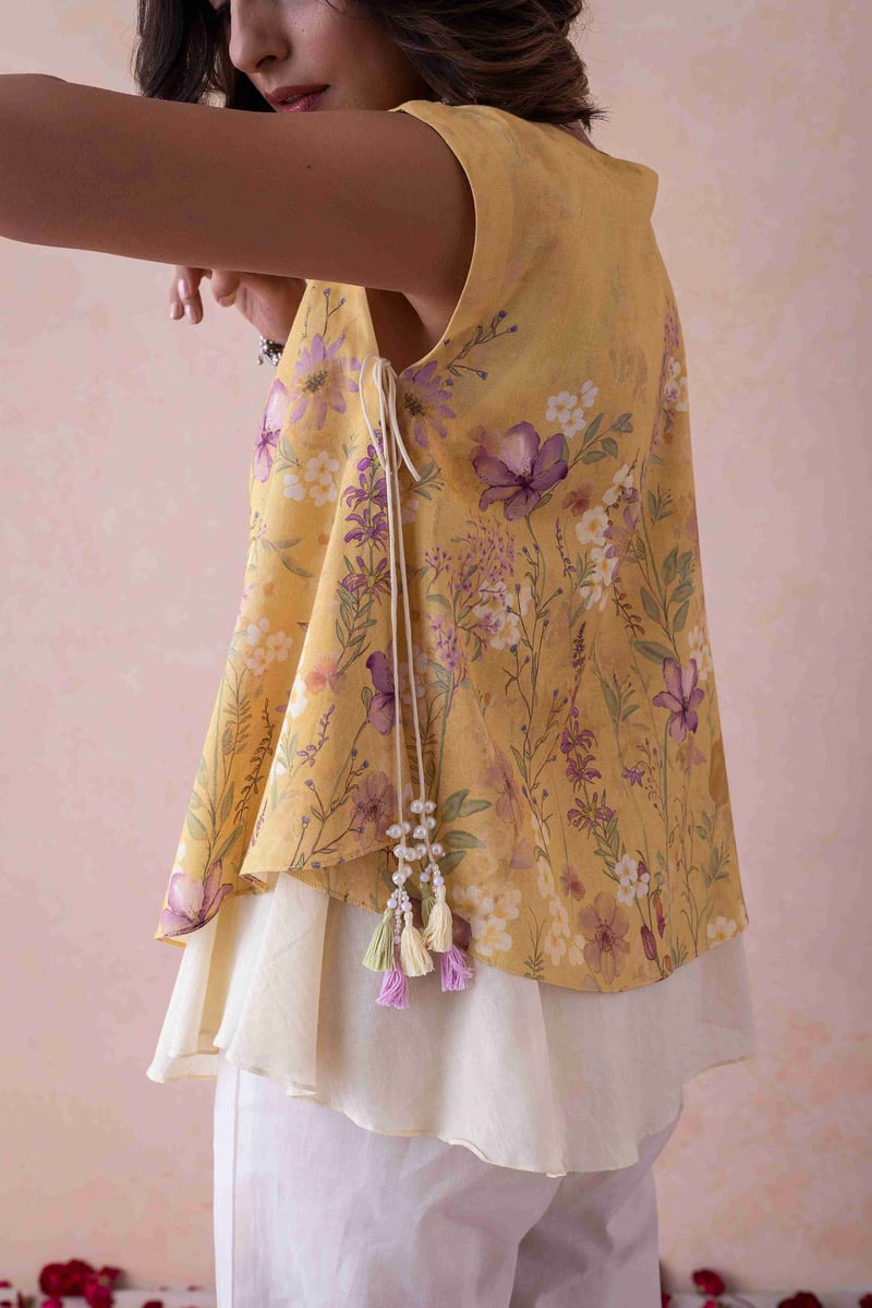 Yellow Floral Printed Sleeveless A-Line Top