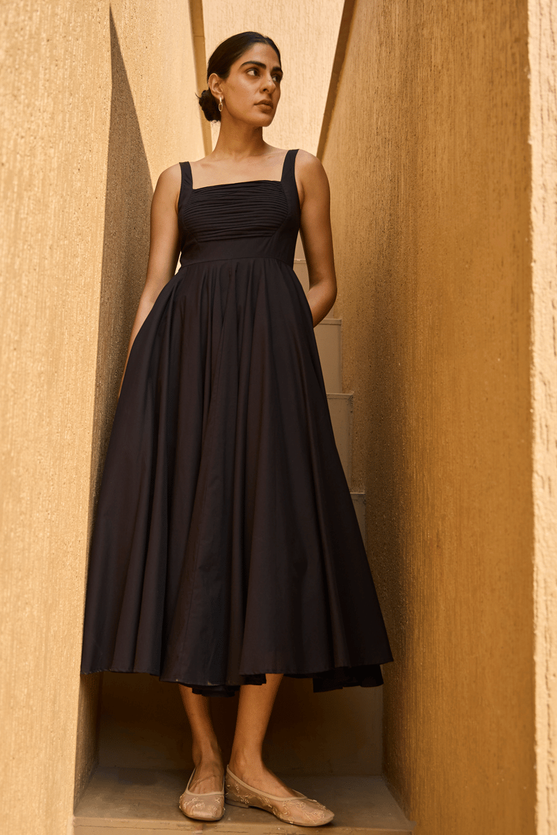 Black Organic Cotton Fit and Flare Midi Dress with Pockets