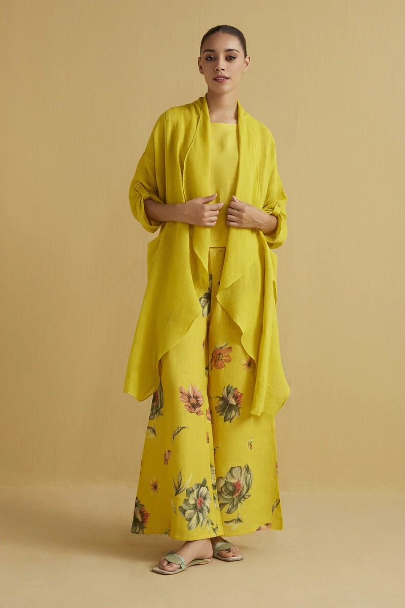 Yellow Linen Waterfall Cape with Pockets