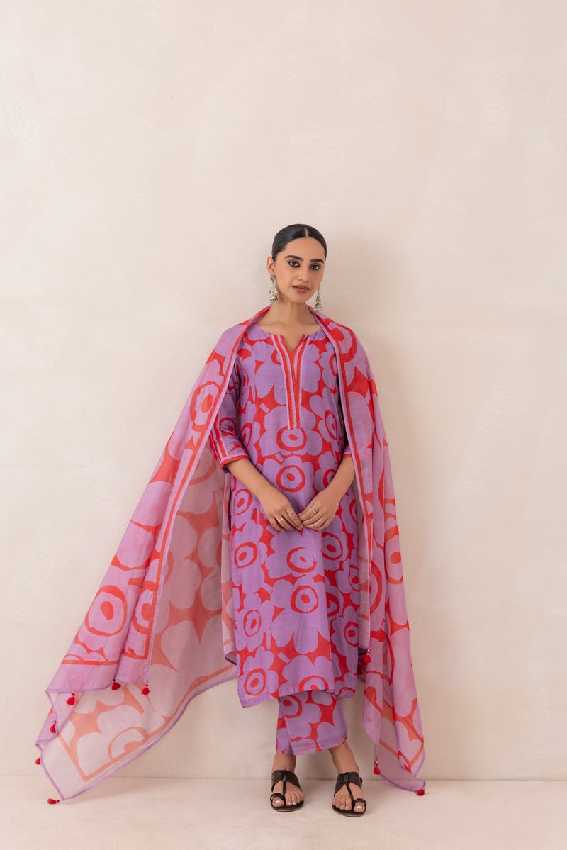 Red and Purple Printed Chanderi Kurta Set with Dupatta
