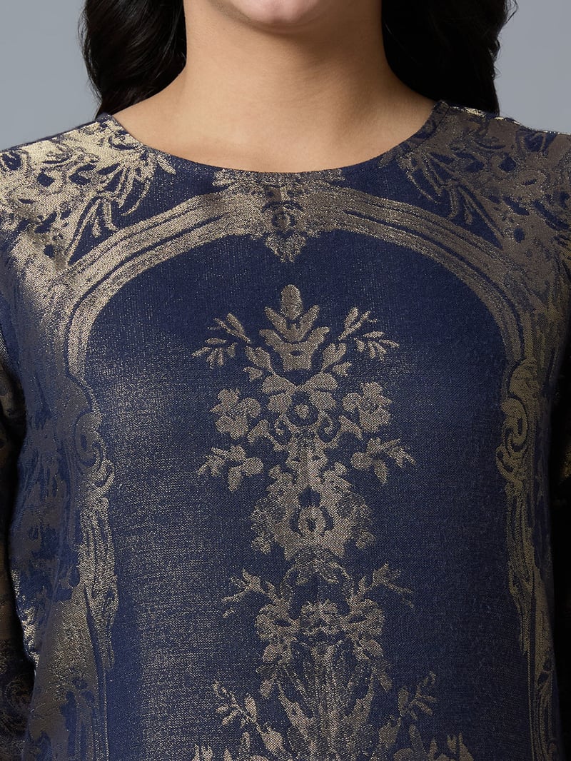 Navy/Gold Brocade Straight Kurta with 3/4 Sleeves