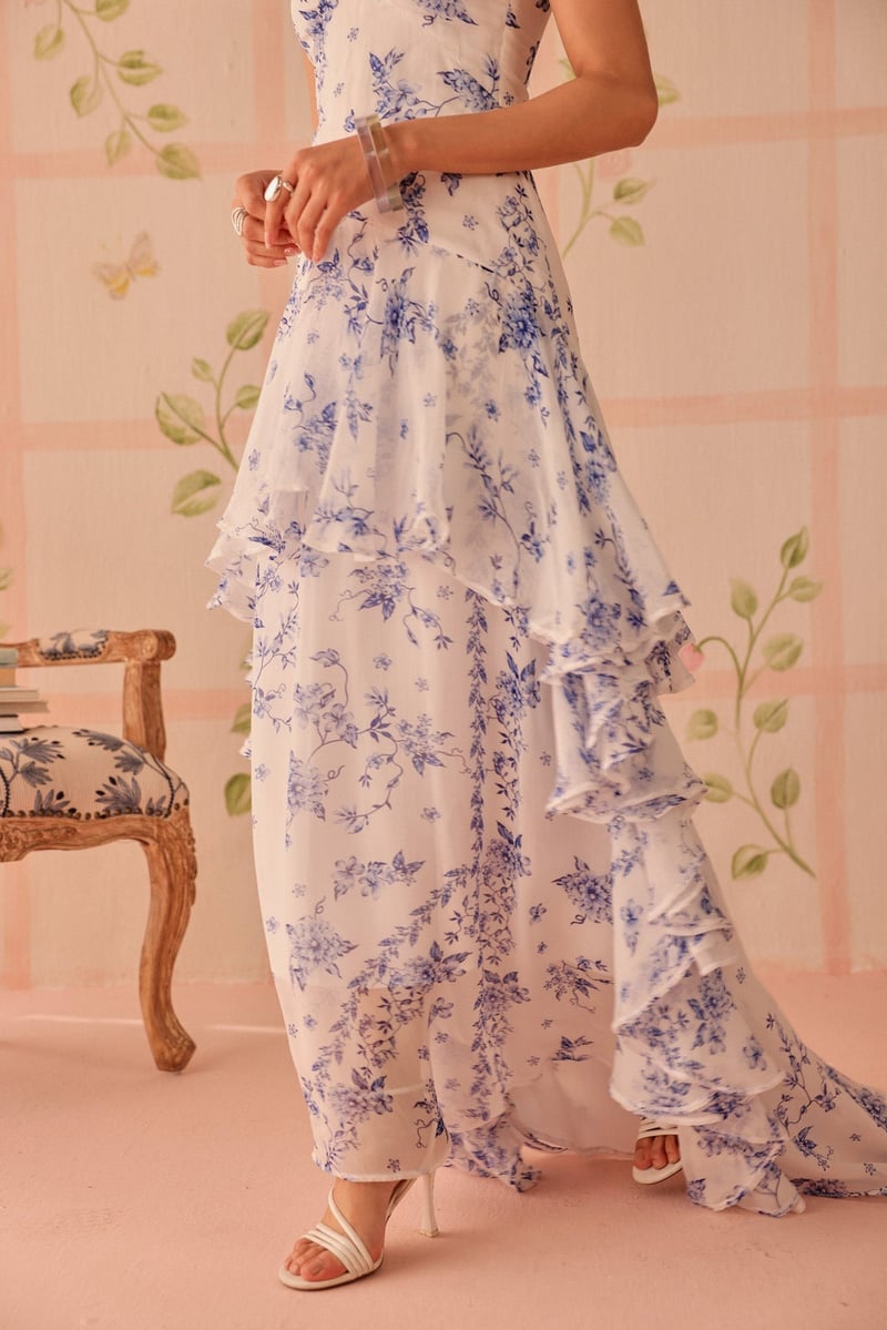White and Blue Floral Ruffle Maxi Dress